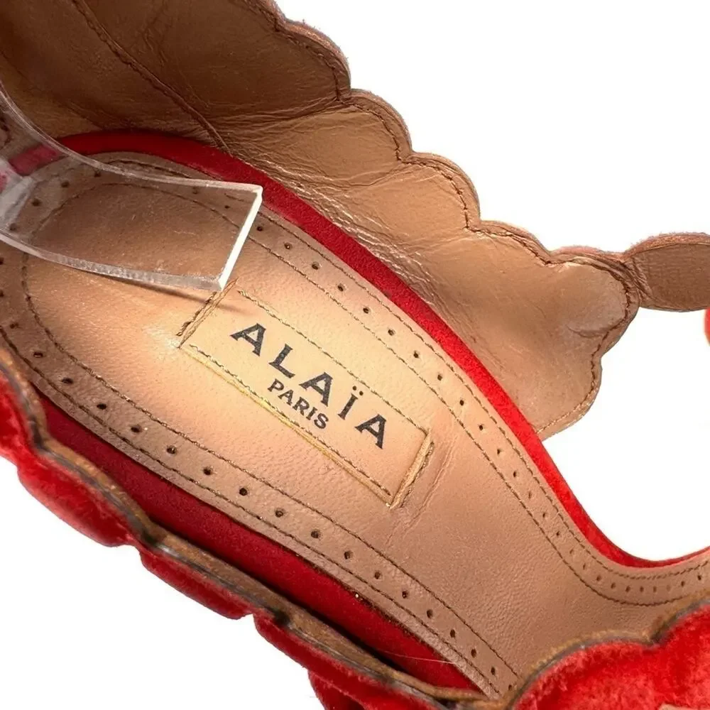 Alaia La Bombe T‑Strap Red Suede Pumps Floral Heels Size 37 / US 7
